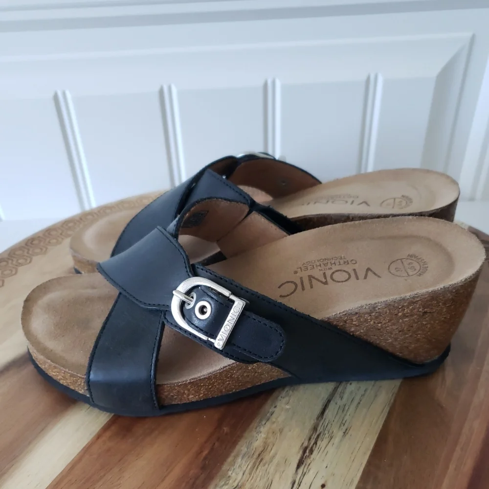 Vionic Danette Wedge Sandals Black Cork Soles - Picture 1 of 5
